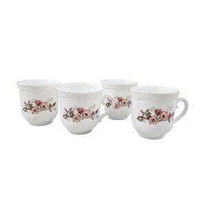 Acropal France White with Floral Accent 6 Oz Coffee Tea Mugs Cups – Set of 4